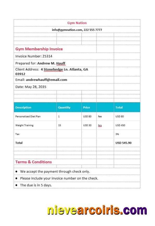 Gym Membership Invoice